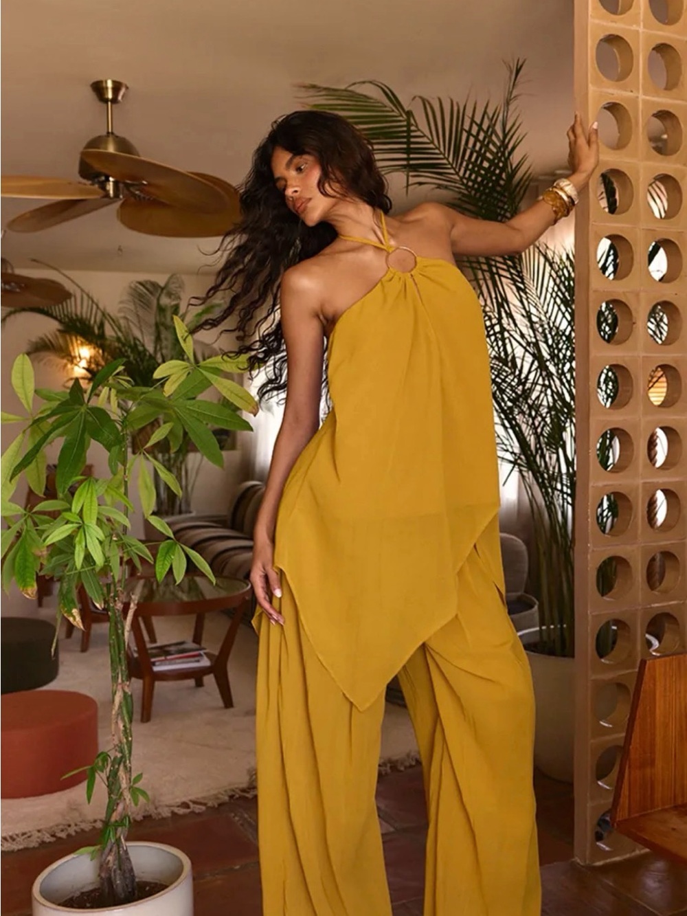 PrettyLittleThing Mustard Yellow Halter Top Wide Leg Pants Set NWT Size 4